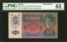 AUSTRIA. Osztrak-Magyar Bank. 10 Kronen, 1915 (ND 191). P-51as. Specimen. PMG Choice Uncirculated 63.
Overprint on Austria P-19. Perforated cancelled...