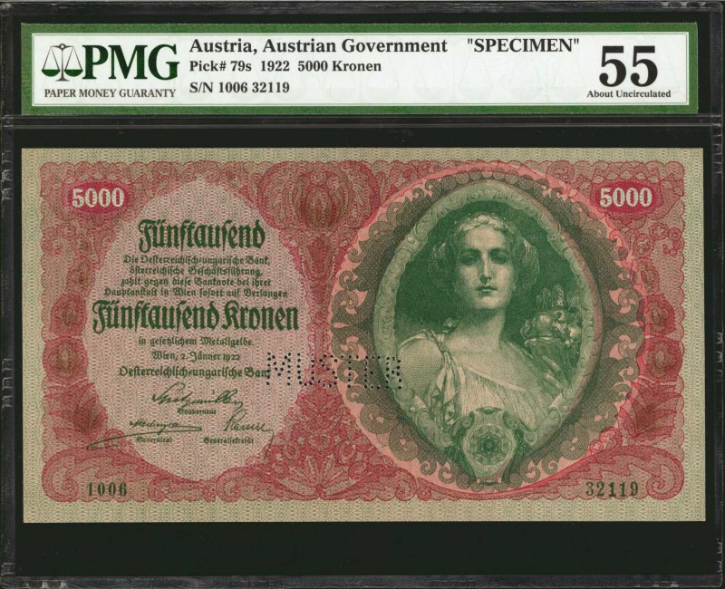 AUSTRIA. Austrian Government. 5000 Kronen, 1922. P-79s. Specimen. PMG About Unci...