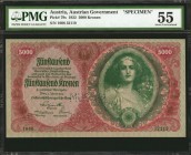 AUSTRIA. Austrian Government. 5000 Kronen, 1922. P-79s. Specimen. PMG About Uncirculated 55.
Hole punch cancellation at center. Deep purple ink stand...