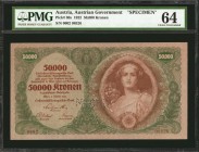 AUSTRIA. Defterreichifch-ungarifche Bank. 50,000 Kronen, 1922. P-80s. Specimen. PMG Choice Uncirculated 64.
A high denomination Kronen Specimen note,...