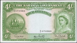 BAHAMAS. Bahamas Government. 4 Shillings, 1936. P-13b. About Uncirculated.
Dark green ink and attractive paper stand out on this 4 Shillings note.
E...