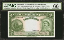 BAHAMAS. Government of the Bahamas. 4 Shillings, ND (1953). P-13d. PMG Gem Uncirculated 66 EPQ.
Printed by TDLR. Signature of Sweeting-Roberts. QEII ...