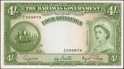 BAHAMAS. Bahamas Government. 4 Shillings, 1953. P-13d. About Uncirculated.
A four shillings Bahama note, seen with QEII at right. Edge damage is note...