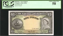 BAHAMAS. Bahamas Government. 1 Pound, ND (1953). P-15b. PCGS Currency Choice About New 58.
QEII at right. Sailing ship at left. Bright paper with wid...