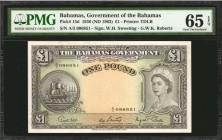 BAHAMAS. Government of the Bahamas. 1 Pound, 1936 (ND 1963). P-15d. PMG Gem Uncirculated 65 EPQ.
Printed by TDLR. Signatures of W.H. Sweeting & G.W.K...