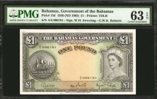 BAHAMAS. Government of the Bahamas. 1 Pound, 1936. P-15d. PMG Choice Uncirculated 63 EPQ.
Printed by TDLR. Signature combination of W.H. Sweeting and...