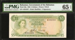 BAHAMAS. Government of the Bahamas. 5 Dollars, 1965. P-20a. PMG Gem Uncirculated 65 EPQ.
Printed by TDLR. Watermark of shellfish at right. Seen with ...