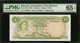 BAHAMAS. Government of the Bahamas. 5 Dollars, 1965. P-20a. PMG Gem Uncirculated 65 EPQ.
Printed by TDLR. Watermark of shellfish at left. QEII at lef...