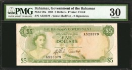 BAHAMAS. Government of the Bahamas. 5 Dollars, 1965. P-20a. PMG Very Fine 30.
First issue of Queen Elizabeth II and Government House. Green type; pre...