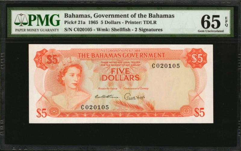 BAHAMAS. Government of the Bahamas. 5 Dollars, 1965. P-21a. PMG Gem Uncirculated...