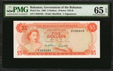 BAHAMAS. Government of the Bahamas. 5 Dollars, 1965. P-21a. PMG Gem Uncirculated 65 EPQ.
Watermark of Shellfish at right, QEII at left. 2 signatures....