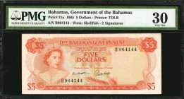 BAHAMAS. Government of the Bahamas. 5 Dollars, 1965. P-21a. PMG Very Fine 30.
Queen Elizabeth II. The orange type with two signatures Francis/Higgs. ...