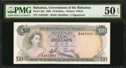 BAHAMAS. Government of the Bahamas. 10 Dollars, 1965. P-22a. PMG About Uncirculated 50 EPQ.
Printed by TDLR. Watermark of shellfish. 2 signatures. An...