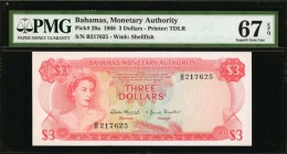 BAHAMAS. Monetary Authority. 3 Dollars, 1968. P-28a. PMG Superb Gem Uncirculated 67 EPQ.
Printed by TDLR. Watermark of shellfish at right. A decorati...