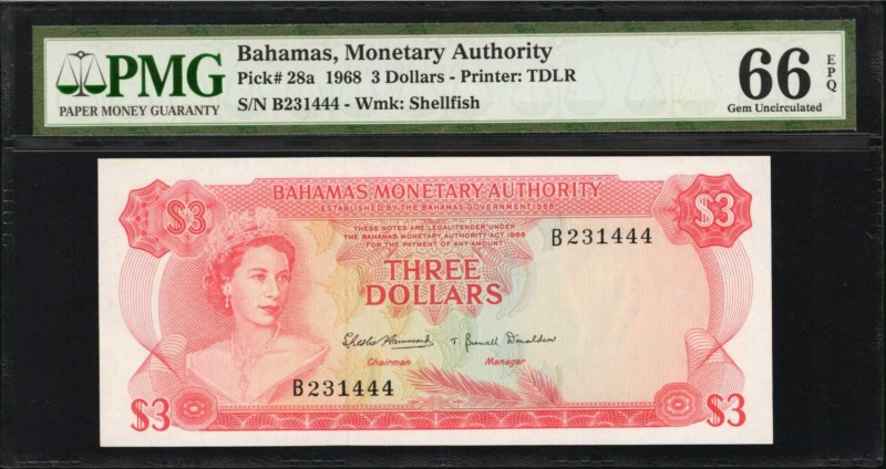 BAHAMAS. Monetary Authority. 3 Dollars, 1968. P-28a. PMG Gem Uncirculated 66 EPQ...
