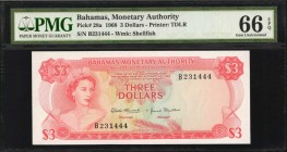 BAHAMAS. Monetary Authority. 3 Dollars, 1968. P-28a. PMG Gem Uncirculated 66 EPQ.
Popular type with young Queen Elizabeth II and Paradise Beach. Pref...