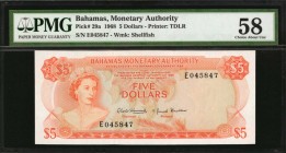 BAHAMAS. Monetary Authority. 5 Dollars, 1968. P-29a. PMG Choice About Uncirculated 58.
Queen Elizabeth II and Government House in orange color type. ...