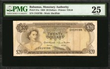 BAHAMAS. Monetary Authority. 20 Dollars, 1968. P-31a. PMG Very Fine 25.
Printed by TDLR. Watermark of shellfish at right. QEII at left. A colorful de...