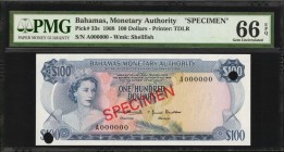 BAHAMAS. Monetary Authority. 100 Dollars, 1968. P-33s. Specimen. PMG Gem Uncirculated 66 EPQ.
Printed by TDLR. Watermark of shellfish. Red specimen o...