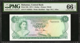 BAHAMAS. Central Bank of the Bahamas. 1 & 5 Dollars, 1974 7 1974 (ND 1984). P-35b & 45b. PMG Gem Uncirculated 66 EPQ.
2 pieces in lot. Included are P...