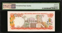 BAHAMAS. Central Bank of the Bahamas. 5 Dollars, 1974. P-37a. PMG Gem Uncirculated 65 EPQ.
Printed by TDLR. Watermark of shellfish. Signature of T.B....