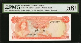 BAHAMAS. Central Bank of the Bahamas. 5 Dollars, 1974. P-37b. PMG Choice About Uncirculated 58 EPQ.
Printed by TDLR. Watermark of shellfish at right....