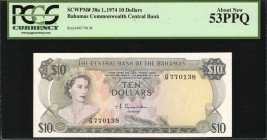 BAHAMAS. Central Bank of the Bahamas. 10 Dollars, 1974. P-38a. PCGS Currency About New 53 PPQ.
Truly uncirculated notes of this type with the Donalds...