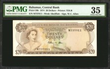 BAHAMAS. Central Bank of the Bahamas. 20 Dollars, 1974. P-39b. PMG Choice Very Fine 35.
Printed by TDLR. Watermark of shellfish. Signature of W.C. Al...
