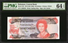 BAHAMAS. Central Bank of the Bahamas. 20 Dollars, 1974. P-47b. PMG Choice Uncirculated 64 EPQ.
Printed by TDLR. Signature of J.H. Smith. Watermark of...