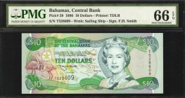 BAHAMAS. Central Bank of the Bahamas. 10 Dollars, 1996. P-59. PMG Gem Uncirculated 66 EPQ.
Printed by TDLR. Watermark of sailing ship. Signature of F...