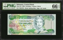 BAHAMAS. Central Bank of the Bahamas. 10 Dollars, 1996. P-59. PMG Gem Uncirculated 66 EPQ.
Printed by TDLR. Watermark of sailing ship. Signature of J...
