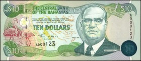 BAHAMAS. Central Bank of the Bahamas. 10 Dollars, 2000. P-64. Fancy Serial Number. About Uncirculated.
A fancy serial number of "A000123" is found on...