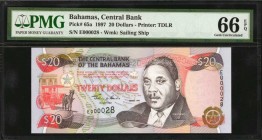 BAHAMAS. Central Bank of the Bahamas. 20 Dollars, 1997. P-65a. Low Serial Number. PMG Gem Uncirculated 66 EPQ.
Watermark of sailing ship. Printed by ...