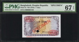 BANGLADESH. Peoples Republic. 1 Taka, ND (1973). P-5s. Specimen. PMG Superb Gem Uncirculated 67 EPQ.
Pleasing centering and wide margins are found on...