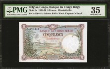 BELGIAN CONGO. Banque du Congo Belge. 5 Francs, 1924-26. P-8a. PMG Choice Very Fine 35.
Elisabethville. Printed by BNB. Watermark of elephants head. ...