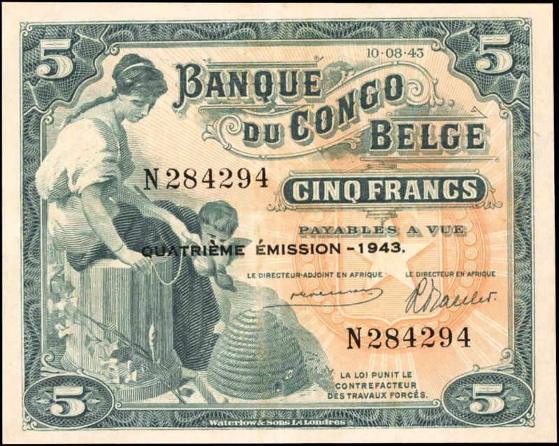 BELGIAN CONGO. Banque du Congo Belge. 5 Francs, 1943. P-13Ab. Extremely Fine.
M...