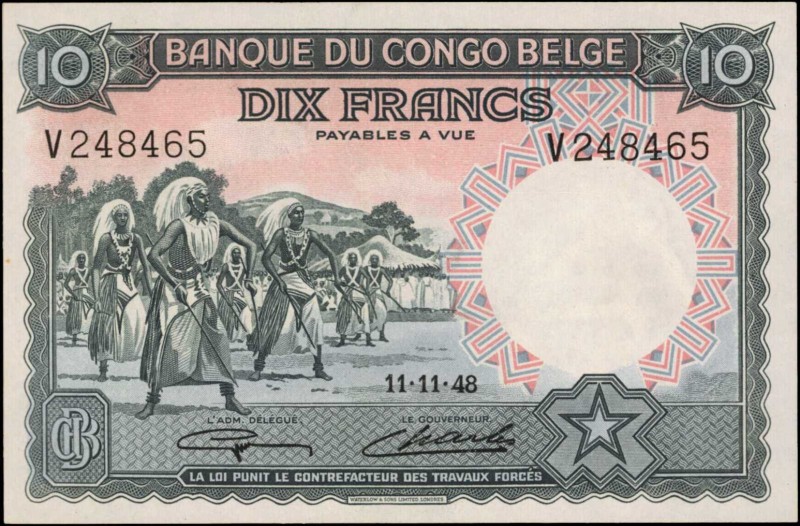 BELGIAN CONGO. Banque du Congo Belge. 10 Francs, 1948. P-14E. About Uncirculated...