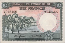 BELGIAN CONGO. Banque du Congo Belge. 10 Francs, 1948. P-14E. About Uncirculated.
Watermark at right. Seen with wide margins and appealing centering....