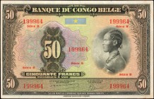BELGIAN CONGO. Banque du Congo Belge. 50 Francs, 1941-52. P-16. Extremely Fine.
Series B without Emission; the Women/Leopard type.
Estimate: $200.00...