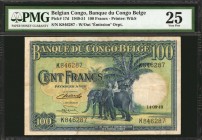 BELGIAN CONGO. Banque du Congo Belge. 100 Francs, 1949-51. P-17d. PMG Very Fine 25.
Without Emission overprint; scarce early date of this Elephant-Ox...