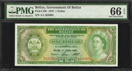 BELIZE. Government of Belize. 1 Dollar, 1975. P-33b. PMG Gem Uncirculated 66 EPQ.
A lovely Gem 1 Dollar note, seen with bright green ink and pack fre...