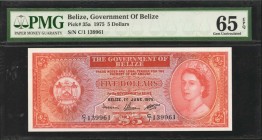 BELIZE. Government of Belize. 5 Dollars, 1975. P-35a. PMG Gem Uncirculated 65 EPQ.
Pack fresh with nicely embossed inks. Difficult this nice.
Estima...
