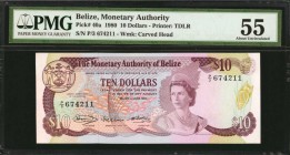 BELIZE. Monetary Authority. 10 Dollars, 1980. P-40a. PMG About Uncirculated 55.
A scarce first issue Monetary Authority of Belize in higher denominat...