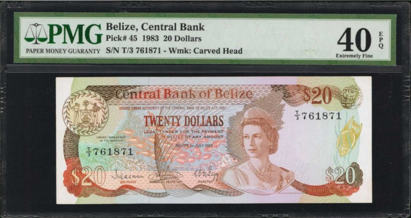 BELIZE. Central Bank. 20 Dollars, 1983. P-45. PMG Extremely Fine 40 EPQ.
A very...