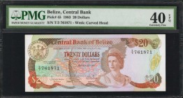 BELIZE. Central Bank. 20 Dollars, 1983. P-45. PMG Extremely Fine 40 EPQ.
A very desirable 20 Dollar QEII from the 1983 series. Watermark of carved he...