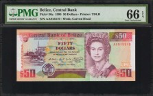 BELIZE. Central Bank. 50 Dollars, 1990. P-56a. PMG Gem Uncirculated 66 EPQ.
Printed by TDLR. Watermark of carved head. QEII at right with small boat ...