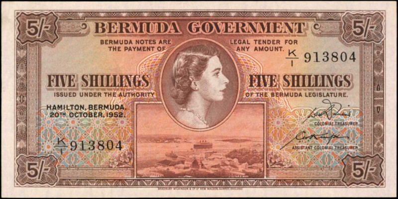 BERMUDA. Bermuda Government. 5 Shillings, 1952. P-18a. Extremely Fine.
A colorf...