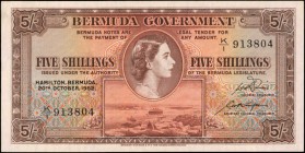 BERMUDA. Bermuda Government. 5 Shillings, 1952. P-18a. Extremely Fine.
A colorful 5 Shillings note. Seen with QEII facing right as the central vignet...