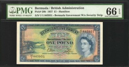 BERMUDA. British Administration. 1 Pound, 1957. P-20b. PMG Gem Uncirculated 66 EPQ.
An earlier 1957 date without security strip. QEII at right. Desig...