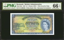 BERMUDA. Bermuda Government. 1 Pound, 1957. P-20c. PMG Gem Uncirculated 66 EPQ.
Printed by BWC. With security strip. Watermark of bank title. Bold co...